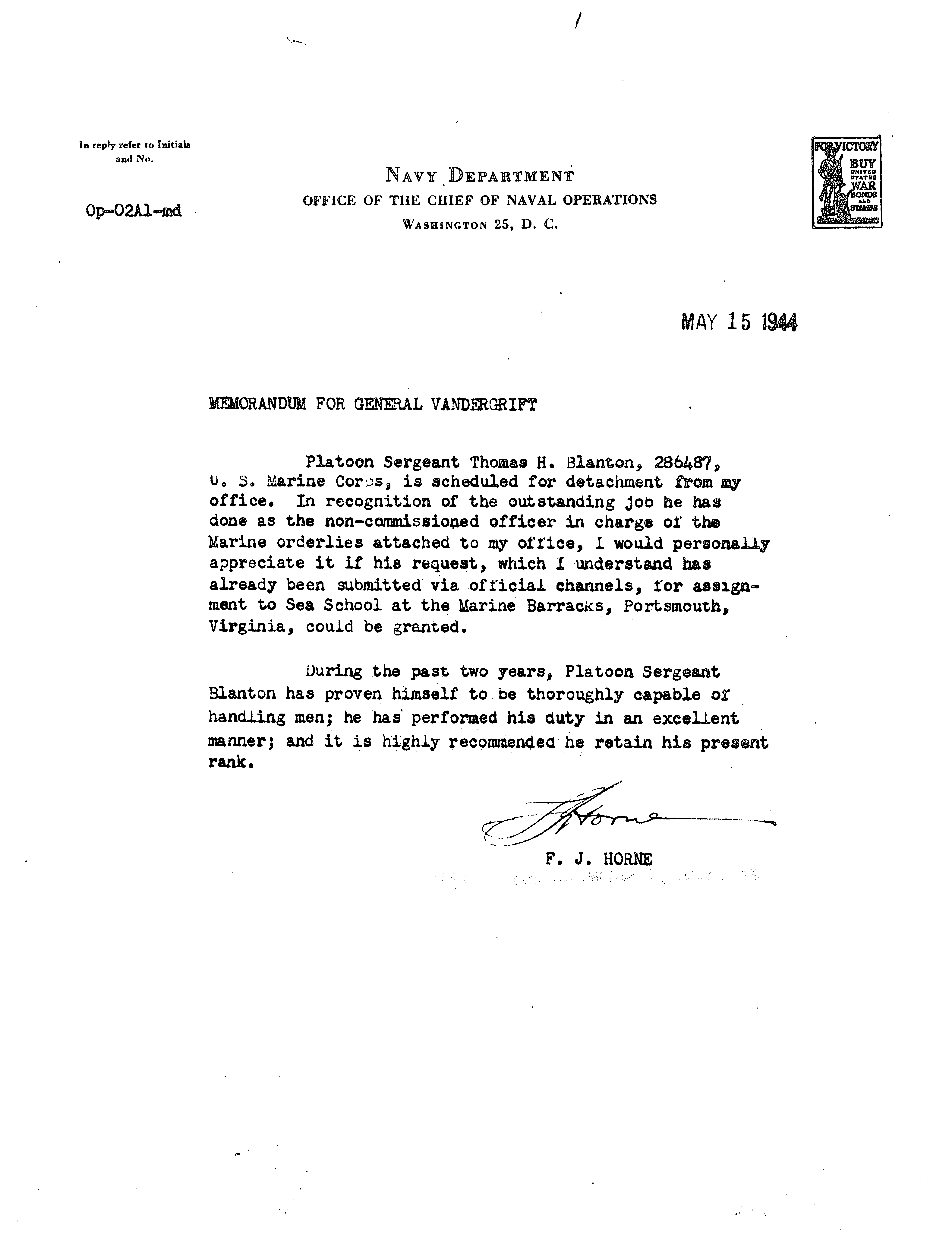 Admiral Horne's Letter of Recommendation